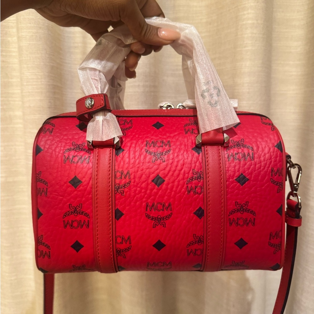 MCM Red Boston bag with Iconic Monogram and silver Hardware